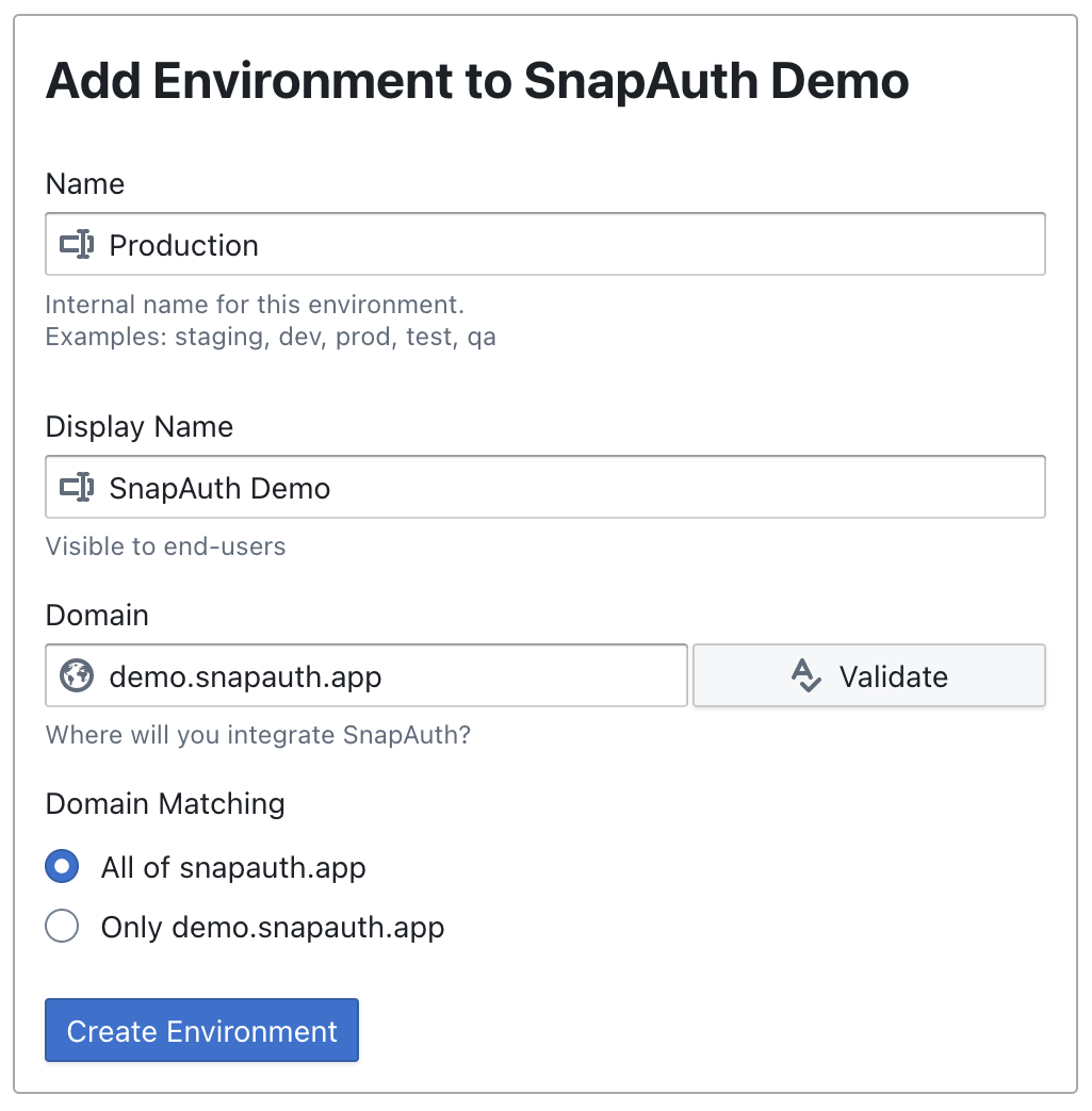 Adding a new environment via the SnapAuth dashboard